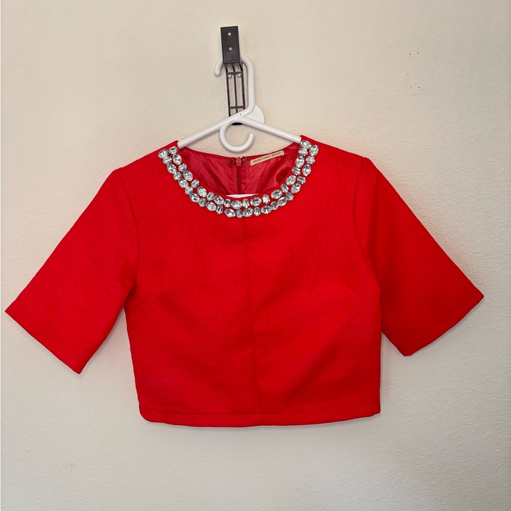 Mustard Seed Red Cropped Blouse with Embellished Neckline